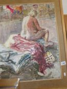 A framed 1970 British school oil on board entitled 'Life Class - The Slade' of a nude model in the