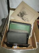 A box of old photographs, loose and in albums.