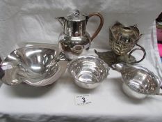 A silver plater 'leaf' table centrepiece, a silver plated dish, jug,