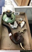 A mixed lot including miniature oil lamp, carved elephant pipe, farm animals etc.