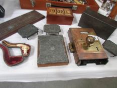 A cased miniature Meerscham pipe, cribbage boards, dominoes, toilet door lock, SDB badges etc.