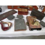 A cased miniature Meerscham pipe, cribbage boards, dominoes, toilet door lock, SDB badges etc.