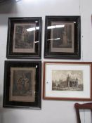 3 framed and glazed Cries of London engravings and a framed and glazed engraving of Peterborough