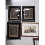 3 framed and glazed Cries of London engravings and a framed and glazed engraving of Peterborough