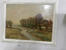 An oil on board pastoral scene featuring church signed A Doust 1933 (details verso 'A Doust Fast