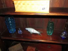 5 items of glassware including vases, paperweight etc.