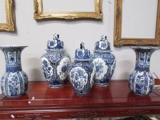 3 large Delph blue and white ginger jars (2 repaired) and a pair of blue and white Delph vases (1