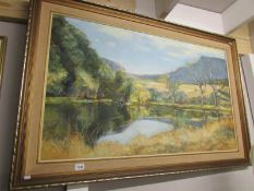 An original oil painting on board 'Lakeside Panorama' by W. S. Holliday of a lake district scene.