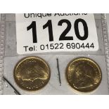 2 fine gold 1/10 krugerrand South Africa coins, 1985 and 1988.