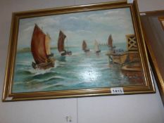 A 20th century school marine oil on board of fishing smacks entering harbour, signed M D Collins,