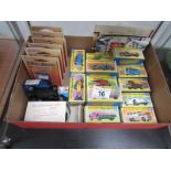 A quantity of boxed Matchbox superfast toy cars, Lone Star Metallions case metal miniatures etc.