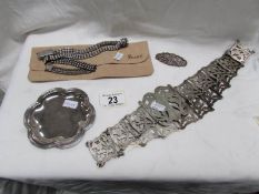 A silver dish (78 grams), London hall mark, a fine silver plated belt and costume jewellery.