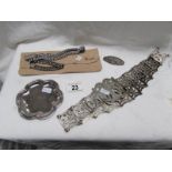A silver dish (78 grams), London hall mark, a fine silver plated belt and costume jewellery.