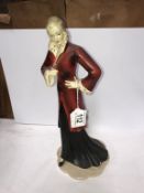 An art deco figure of a lady in red coat with fur trim,.