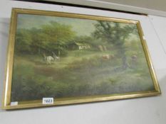 An oil on canvas pastoral scene featuring farm and animals signed Jas, Kennedy 1904, a/f.