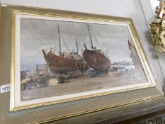 An oil on canvas of 2 ships in dry dock, signed Kannah '49? (80 cm x 54 cm).