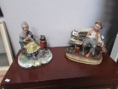 2 Capo di Monte figures being tramp on bench feeding birds and woman by stove.