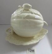 A Royal Cream ware pumpkin shaped soup tureen with ladle.