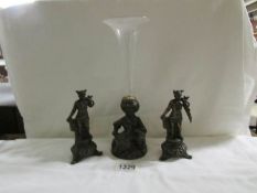 A Victorian spill vase with cast iron figure base and a pair of small spelter figures,.