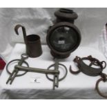 An old car lamp a/f, a beer measure, an unusual set of scales and a horse bit.