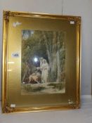 A fine Victorian watercolour of a courting couple with 2 gun dogs in woodland copse set in original