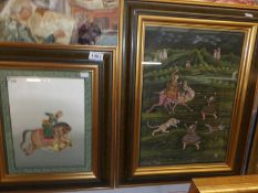 2 framed and glazed Indian silks of tiger hunts.
