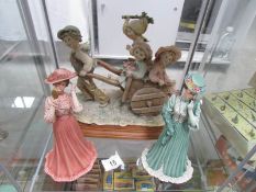 2 limited edition Capi di Monte figures of Edwardian ladies and a group figure of children with