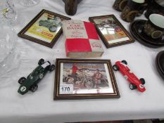 A boxed car badge, quantity of motorcycle postcard prints and 2 Airfix slot cars.