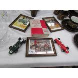 A boxed car badge, quantity of motorcycle postcard prints and 2 Airfix slot cars.