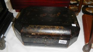 A Victorian Chinese lacquered fitted box, top slight a/f.