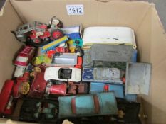 A box of play worn Dinky, Corgi, Spot-on, Lesney including Batmobile, Avengers gift set etc.