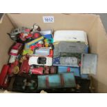 A box of play worn Dinky, Corgi, Spot-on, Lesney including Batmobile, Avengers gift set etc.