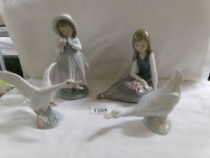 A Lladro figure of a girl with flowers, a Lladro goose,