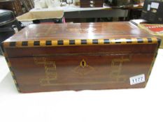 A mahogany inlaid jewellery box, (no interior fittings).