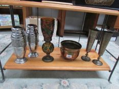 2 pairs of metal vases, a brass planter etc.