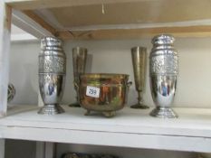 2 pairs of metal vases and a brass pot.