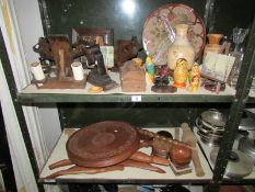 2 shelves of miscellaneous wooden items.