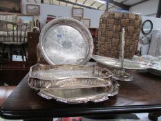 3 silver plate trays and a silver plate basket.