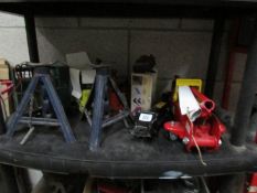 A quantity of car tools including jacks, axle stands etc.