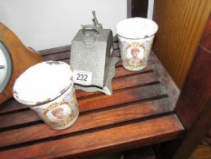 2 x 1911 enamel commemorative beakers and a pewter sugar scuttle.