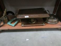 A mixed lot of metalware including brass blow torch, copper hot tray etc.
