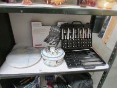 A cased cutlery set, a Portmerion tureen, marble cake plate etc.