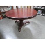 A Victorian mahogany tripod circular dining table (in need of some attention to top fixings).