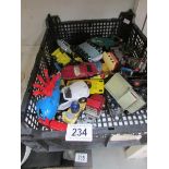 A box of various play worn die cast toys including Corgi, Dinky, Matchbox etc.
