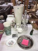 A mixed lot of porcelain vases, jug, glass decanter, chromed metal tray, cuff links etc.