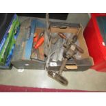 A box of lead working tools (sheet metal formers & soldering bars) and a tool box of woodworking
