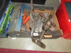 A box of lead working tools (sheet metal formers & soldering bars) and a tool box of woodworking