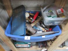 A box of sundry hand tools and a small box of assorted fixings (screws, nails etc).