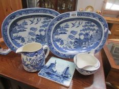 2 blue and white platters and other ceramics.