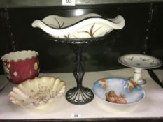 A ceramic bowl on metal stand, a Crown Devon bowl and three other items.